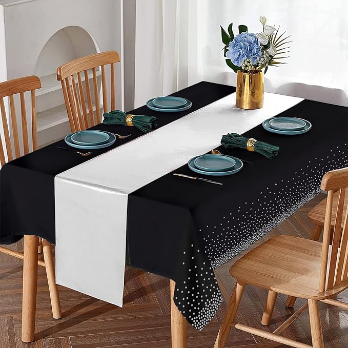 8Pack Disposable Plastic Tablecloths and Satin Table Runner Set Black