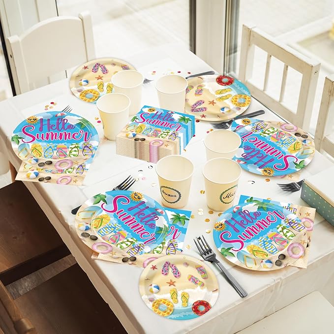 96Pcs Hello Summer Plates and Napkins Beach Party Decorations