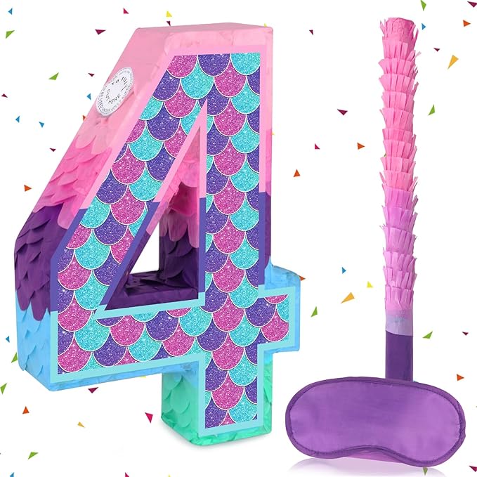 Mermaid Number 4 Pinata with Stick Blindfold for Girl 4th Birthday