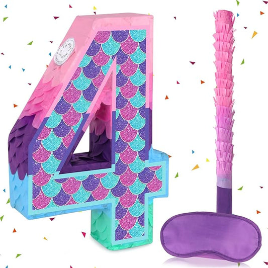 Mermaid Number 4 Pinata with Stick Blindfold for Girl 4th Birthday