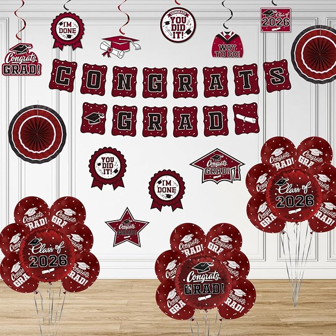Maroon Themed 2026 Graduation Decorations Set - Congrats Grad Banner,