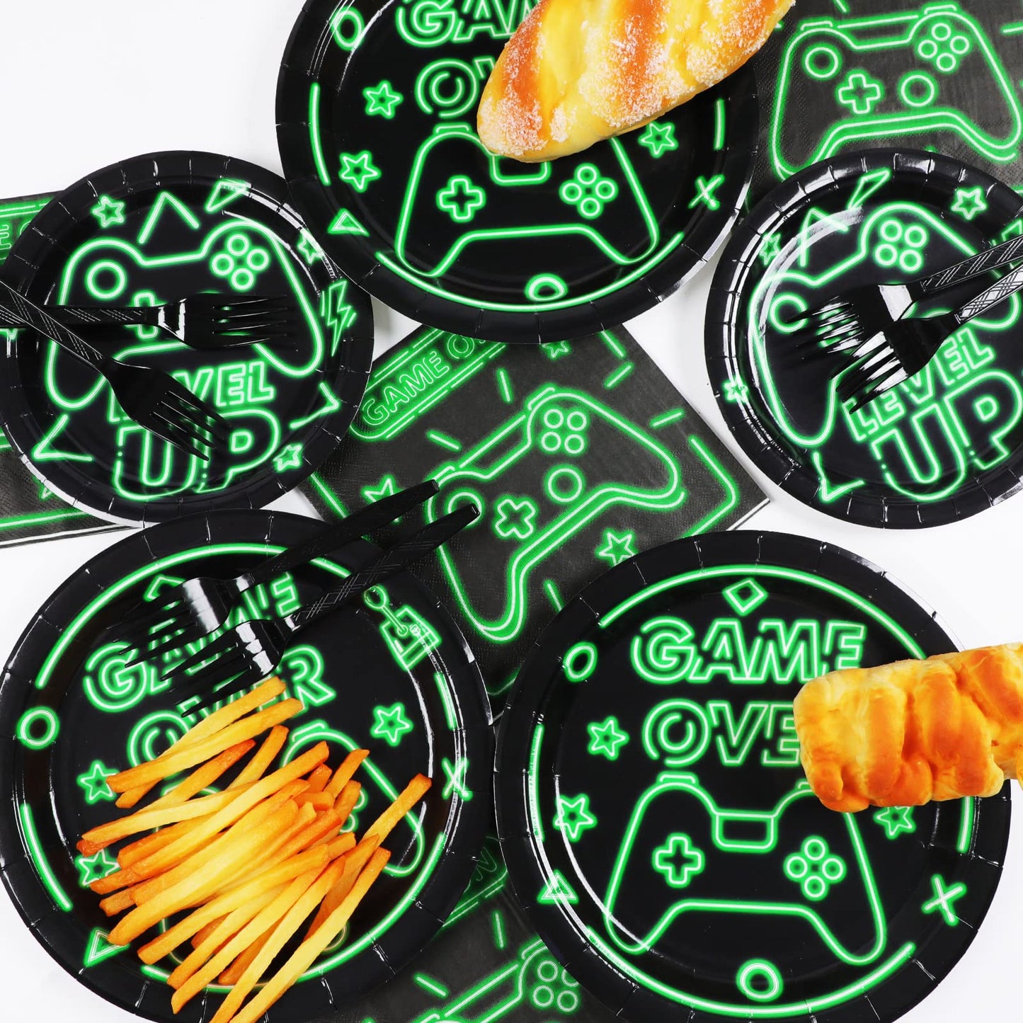 96pcs Video Game Party Supplies Tableware Set Neon Game On Paper
