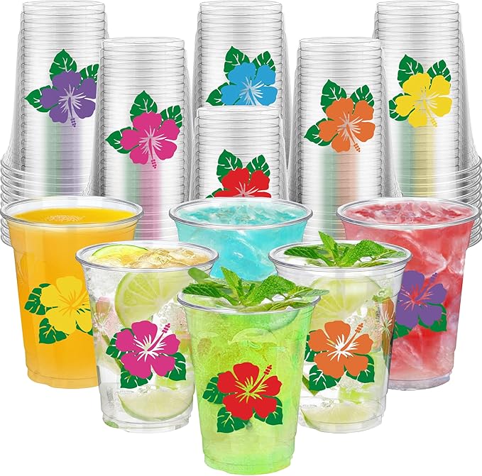 48 Pcs Hawaii Luau Cups 12 oz Plastic Tropical Floral Cups Hawaiian