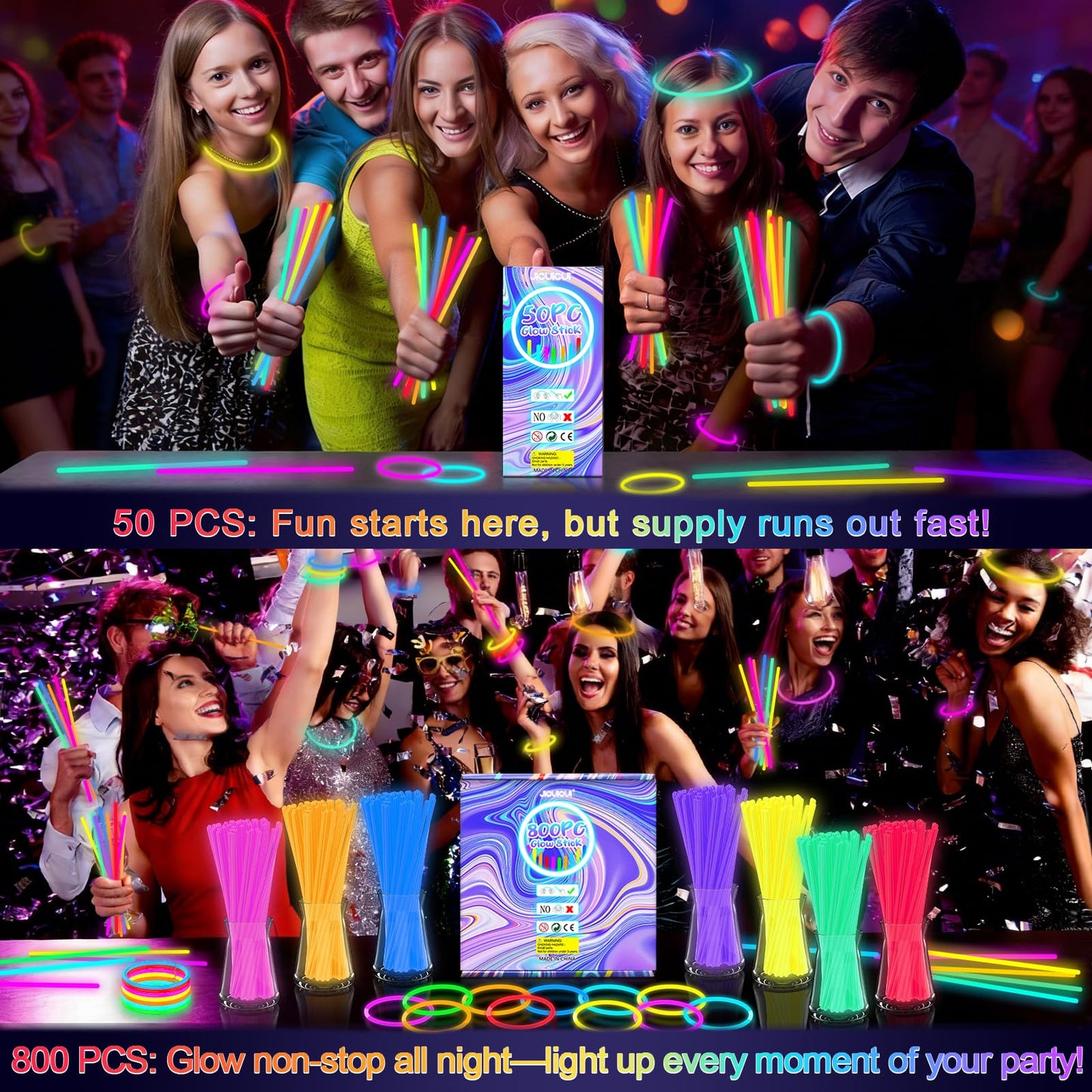 JICUICUI Glow Sticks Bulk Party Pack- Ultra Bright 800pk Glow in the