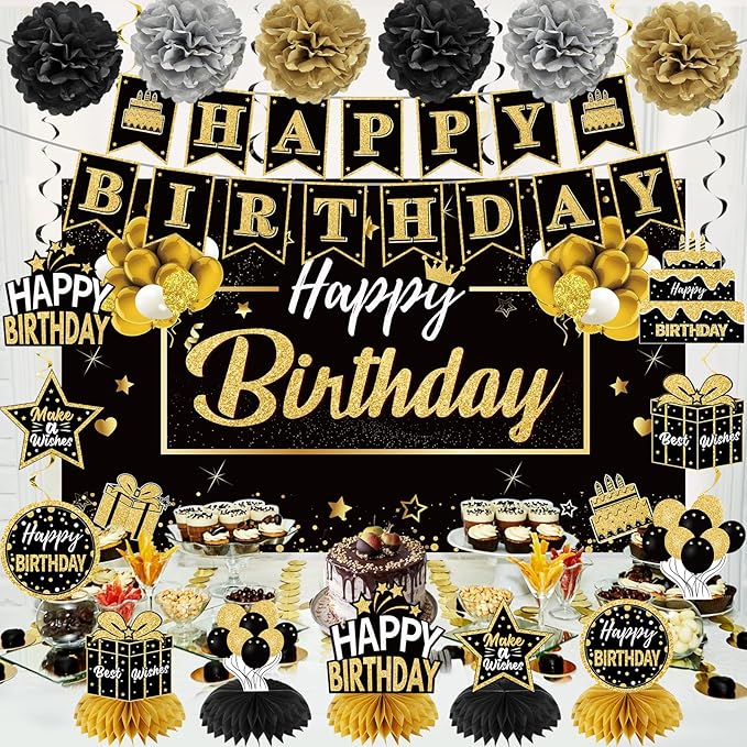 20Pcs Black and Gold Birthday Party Decorations Kit for Men Women