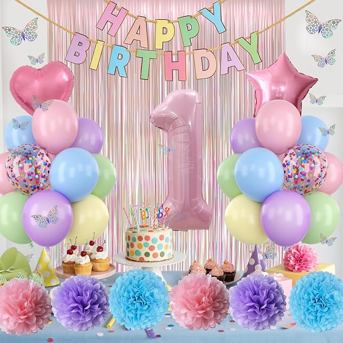 Pastel 1st Birthday Party Decorations for Girls Number 1 Balloon