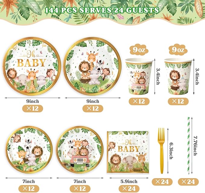 144 Pcs Safari Baby Shower Plates and Napkins Serves 24 Guests