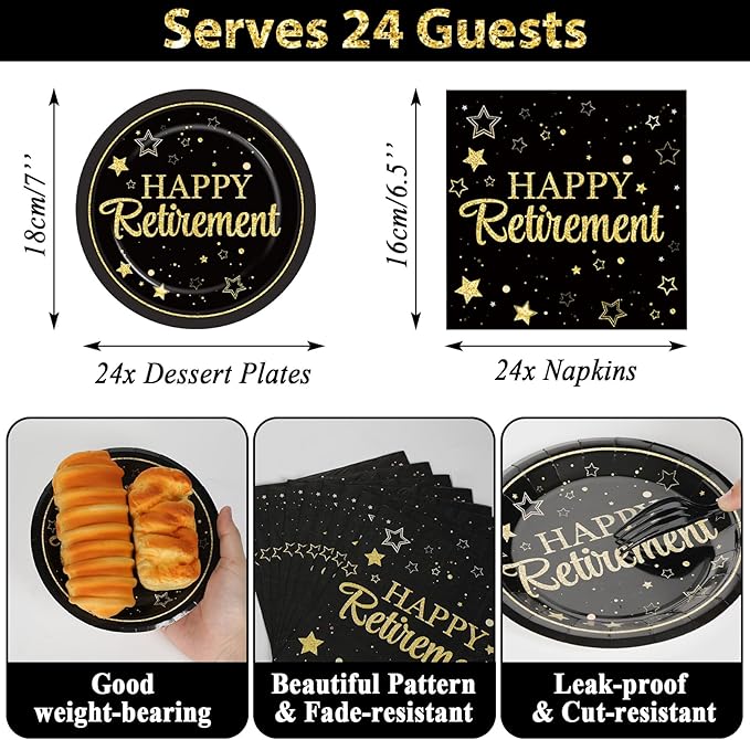 Happy Retirement Party Supplies Serves 24 Black and Gold Retirement