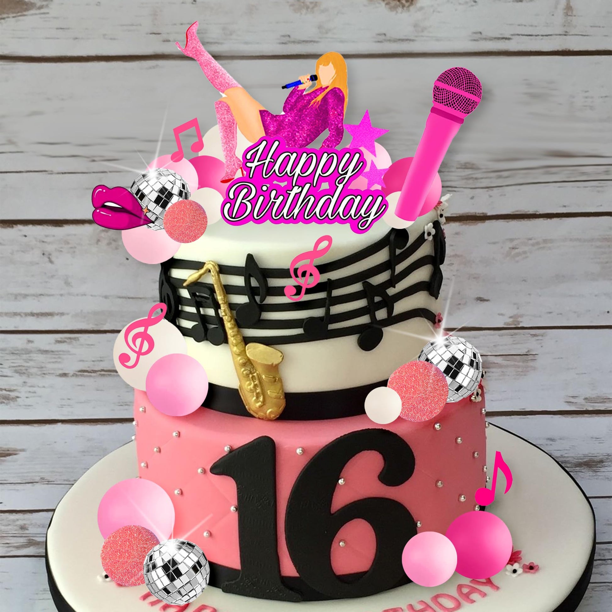 26 PCS Music Cake Toppers Pink Birthday Cake Topper and Disco Cake