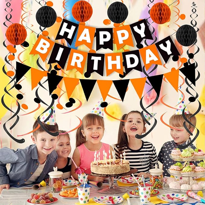 Fecedy Black Orange Happy Birthday Banner Paper Triangle Flag Bunting