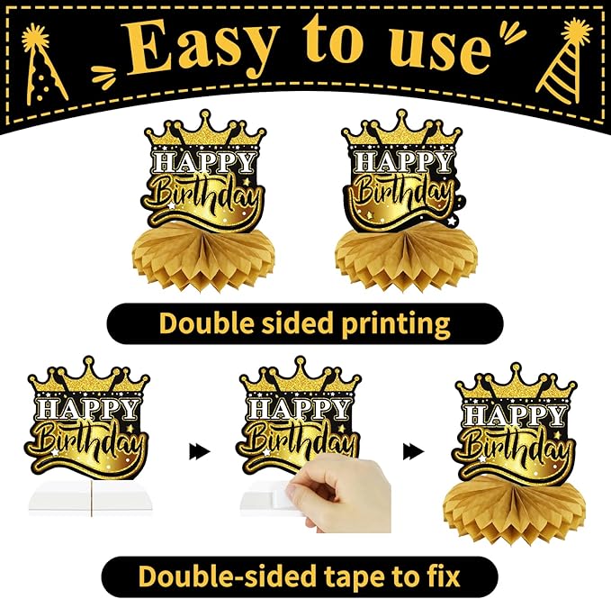 9 PCS Happy Birthday Party Table Decorations | Black and Gold