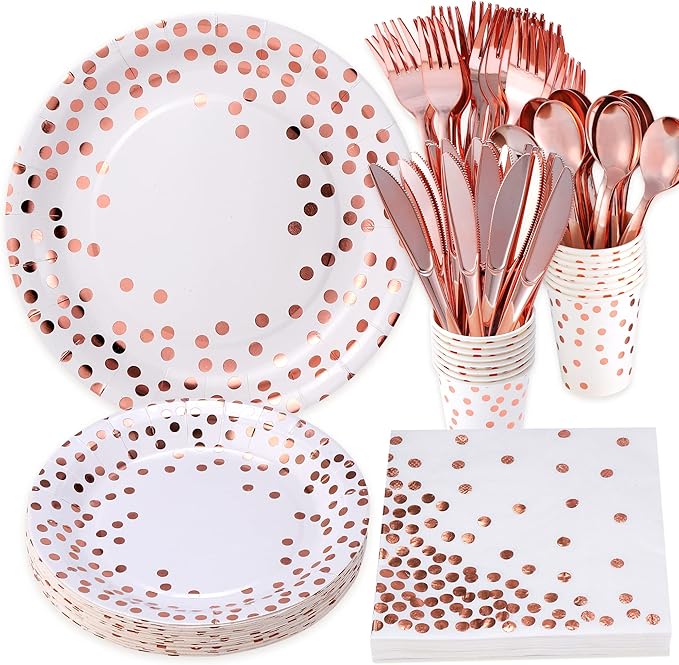 175PCS Rose Gold Party Supplies,Rose Gold Dot on White Paper Plates