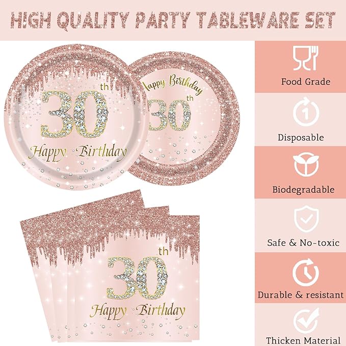 24 Sets 30th Rose Gold Birthday Party Decrations for Women 30
