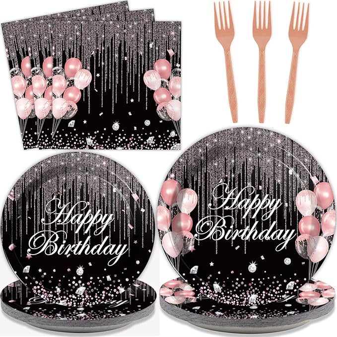96 Pcs Black & Rose Gold Party Paper Plate and Napkins Pink Rose
