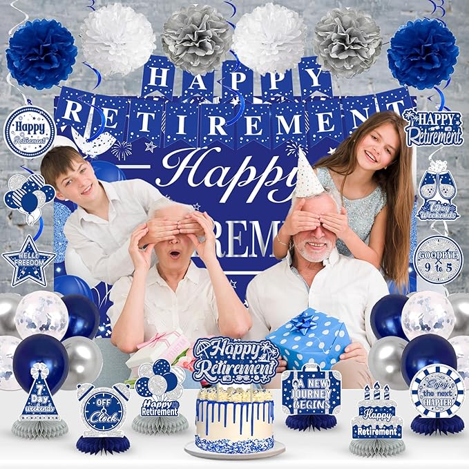 Retirement Party Decorations for Men Women Blue Silver Happy