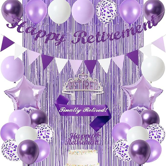 Purple Retirement Decorations for Women Happy Retirement Banner