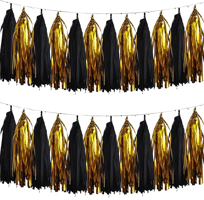 We Moment Black and Gold Tassel Garland，Tissue Tassel Banner for