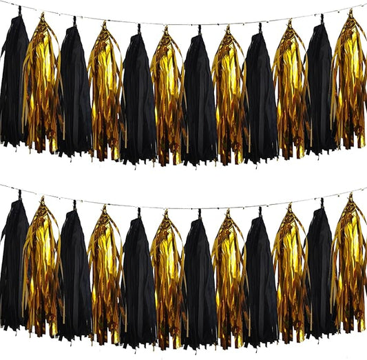 We Moment Black and Gold Tassel Garland，Tissue Tassel Banner for
