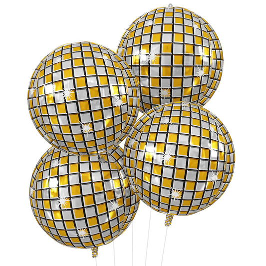 Disco Ball Balloons 4PC,Foil Disco Balloons 22 Inch 4D Round Metallic