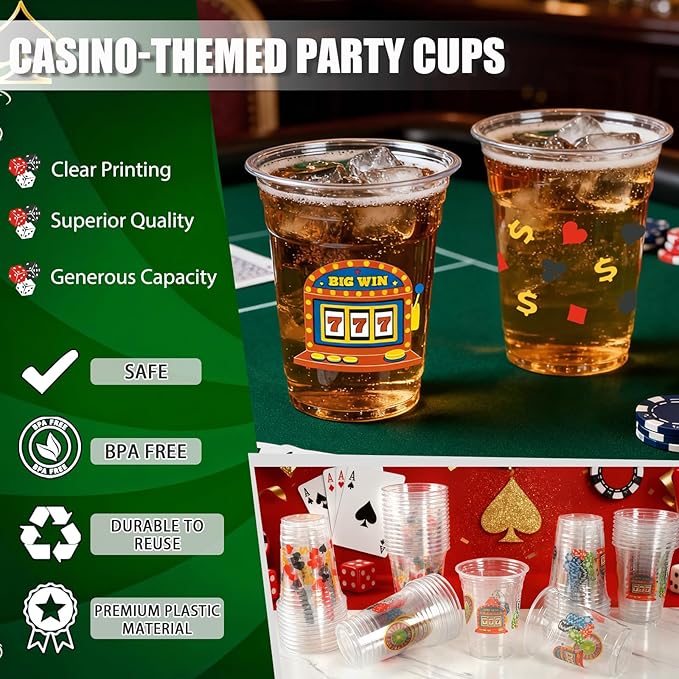 100 Pcs Casino Party Cups 16 Oz Casino Plastic Cup Poker Clear