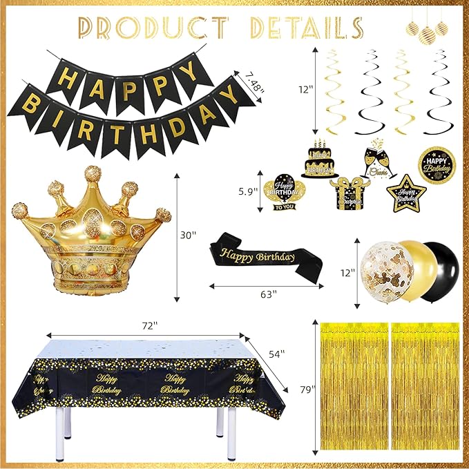 Black and Gold Birthday Decorations for Men Women