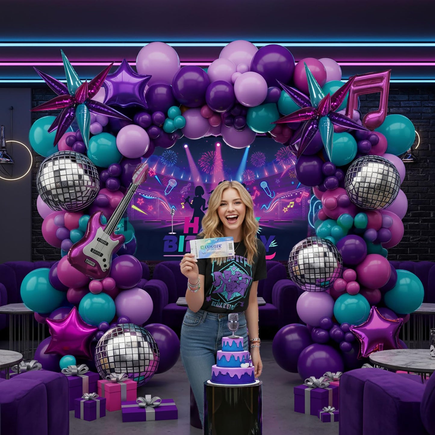 Themed Birthday Party Decorations - K-Pop Music with purple pink teal