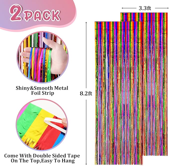 Voircoloria 2 Pack 3.3x8.2 Feet Rainbow Foil Fringe Backdrop