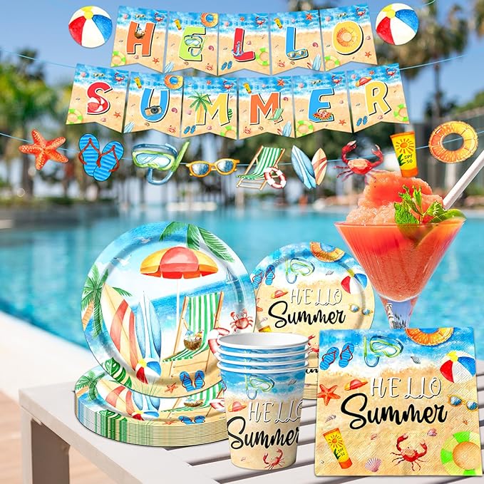 Hello Summer Party Decorations 142Pcs Beach Pool Party Paper Plates
