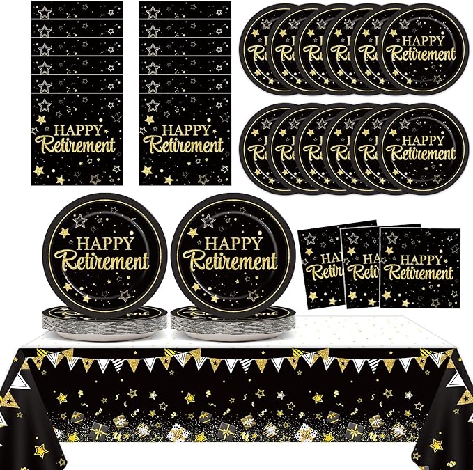 Happy Retirement Party Supplies Serves 24 Black and Gold Retirement