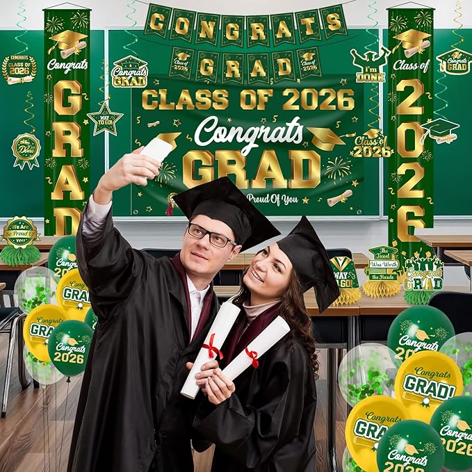 Graduation Decorations 2026 Green and Gold Graduation Party Decor Set