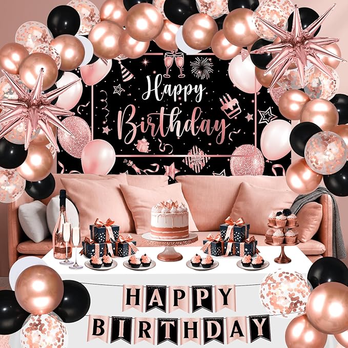 Rose Gold Birthday Party Decorations 63Pcs Rose Gold and Black Happy