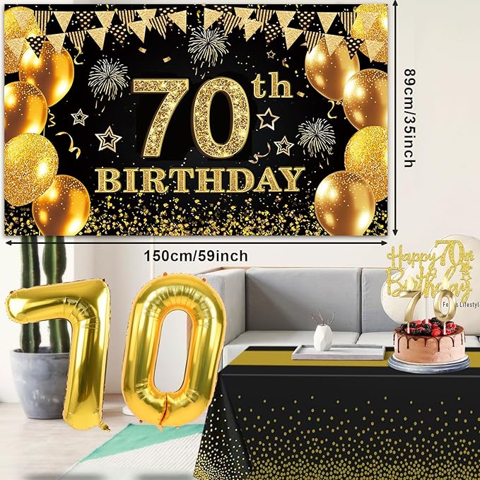 70th Birthday Decorations Men Women with 70th Birthday Banner Black
