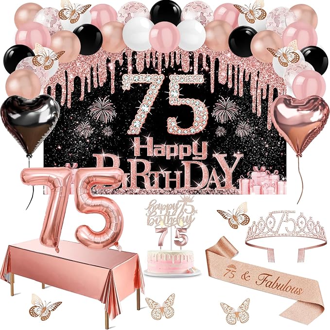 75th Birthday Decorations for Women 49pcs Black Rose Gold Black