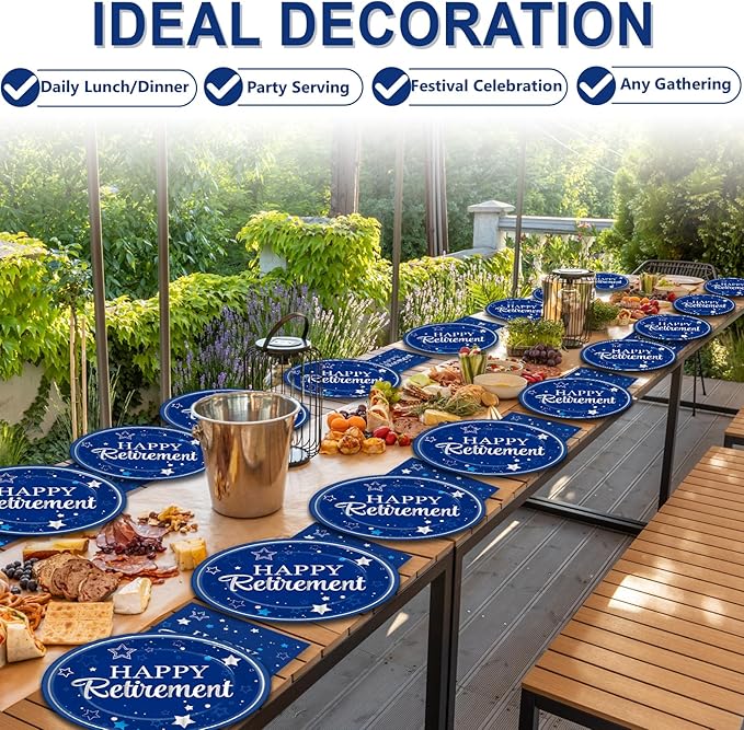 Happy Retirement Party Oval Paper Plates 11inch Blue Silver