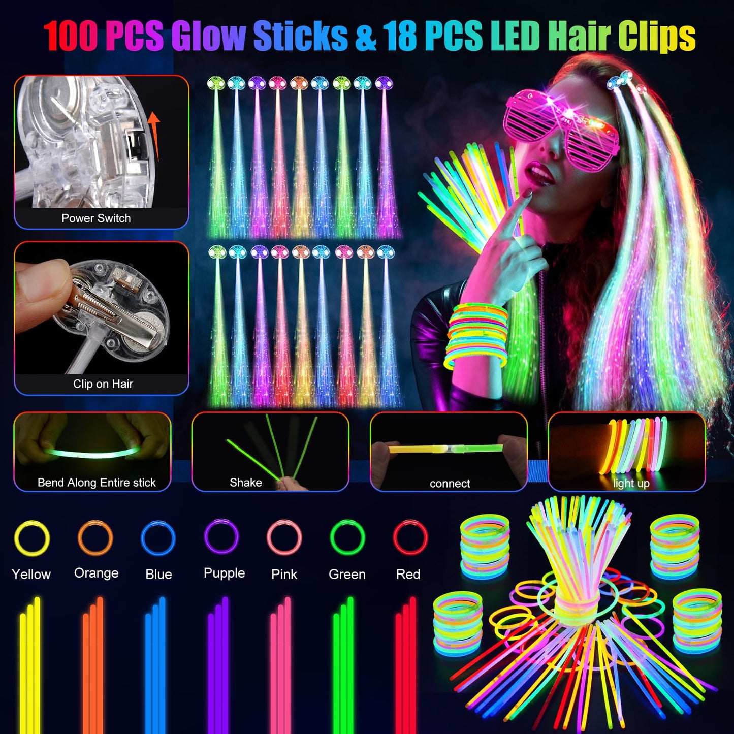 OLUPP 148 PCS Glow in the Dark Party Supplies, 16 Fiber Optic Wands,