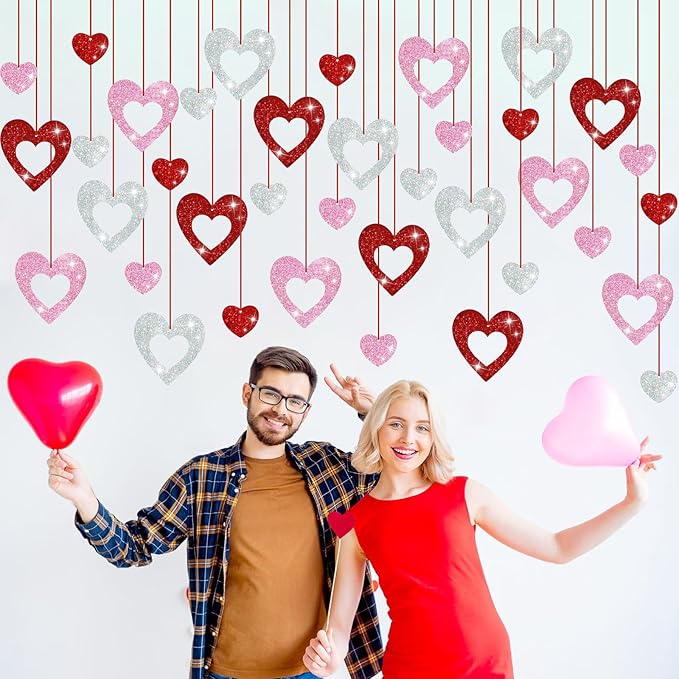 36PCS Valentine's Day Decorations Glitter Heart Hanging Swirls Red