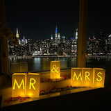 “MR & MRS” light up letters with Tealight Candles and Rose petals