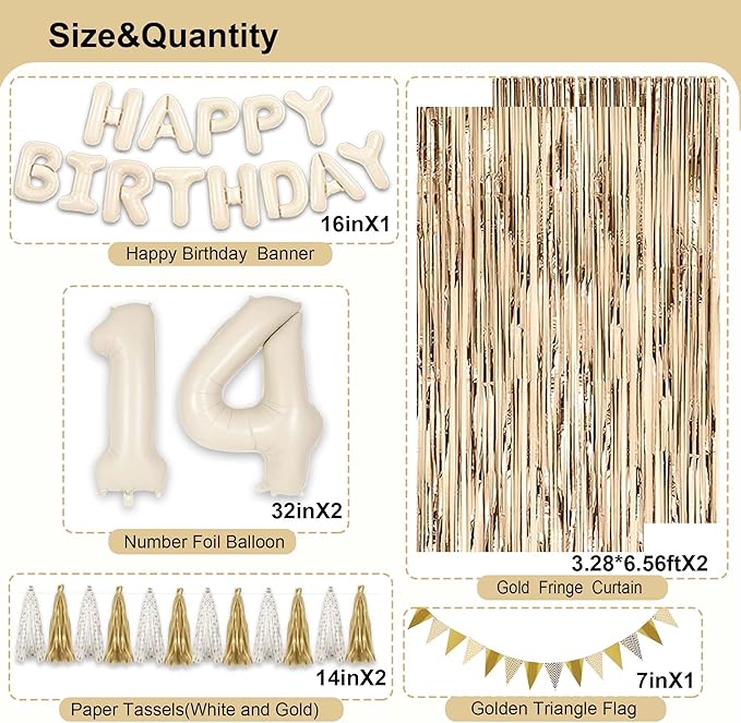 14th Birthday Decorations for Girls, White and Gold 14 Boho Birthday