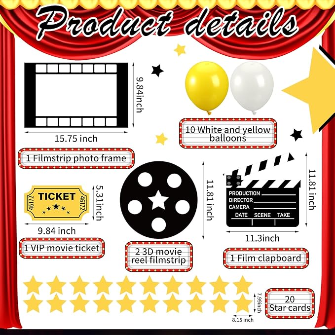 38 Pcs Movie Night Decorations Popcorn Box with Balloons 3D Fake