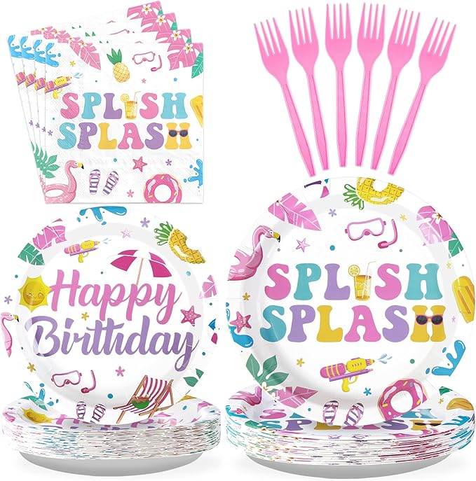96Pcs Pool Party Decorations Pink Flamingo Pool Plates and Napkins