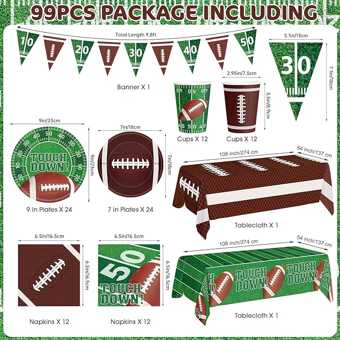 99 Pcs Football Party Supplies Sets Includes Touchdown Dinner Plates