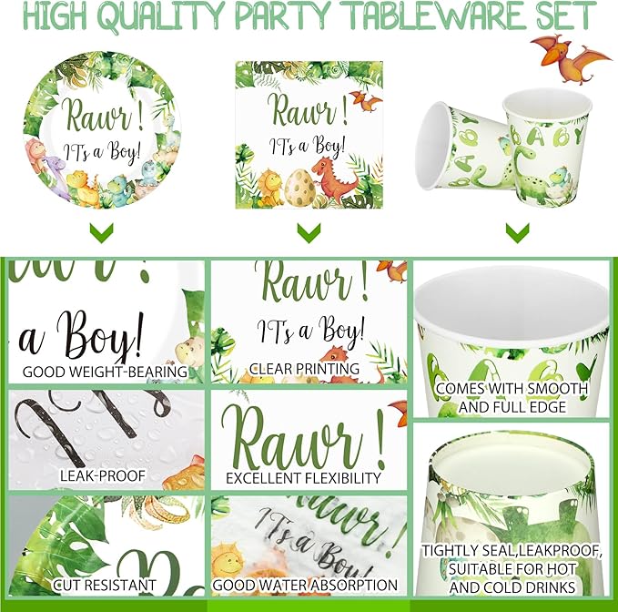 200 Pcs Dinosaur Baby Shower Paper Plates Napkins Cups Baby Shower