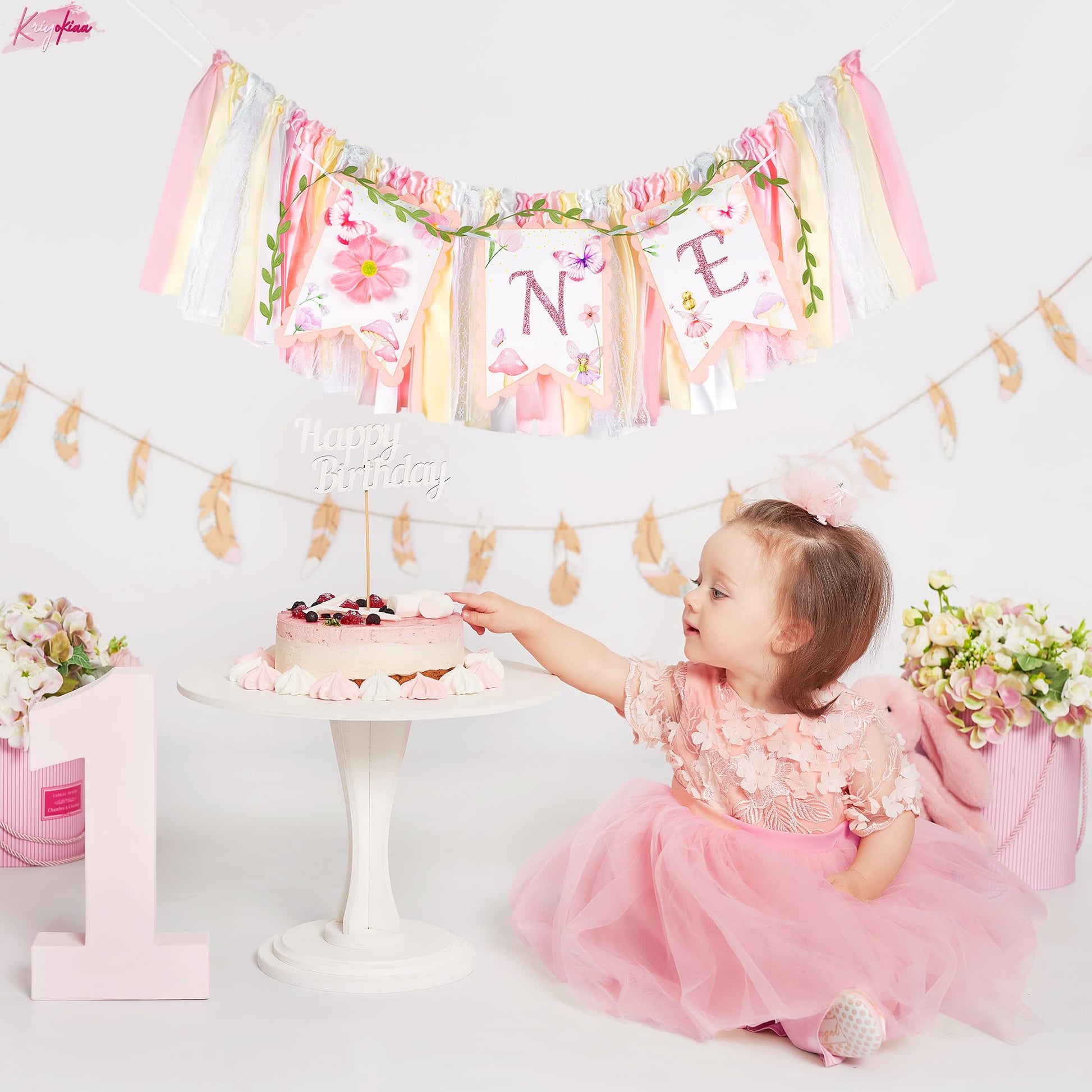 Kriyokiaa Highchair Banner 1st Birthday Girl Floral and Butterfly