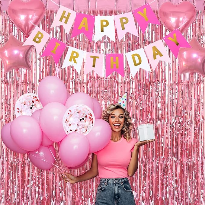 Pink Gold Birthday Party Decorations, Happy Birthday Banner, Pink
