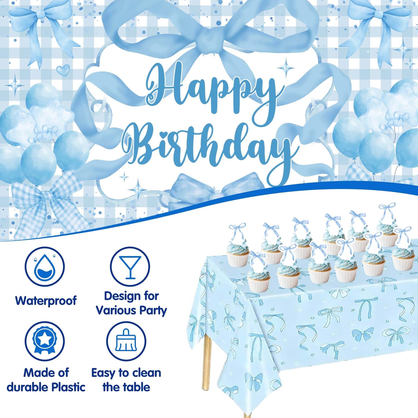 Blue Bow Birthday Decorations for Girls, Coquette Party Supplies with