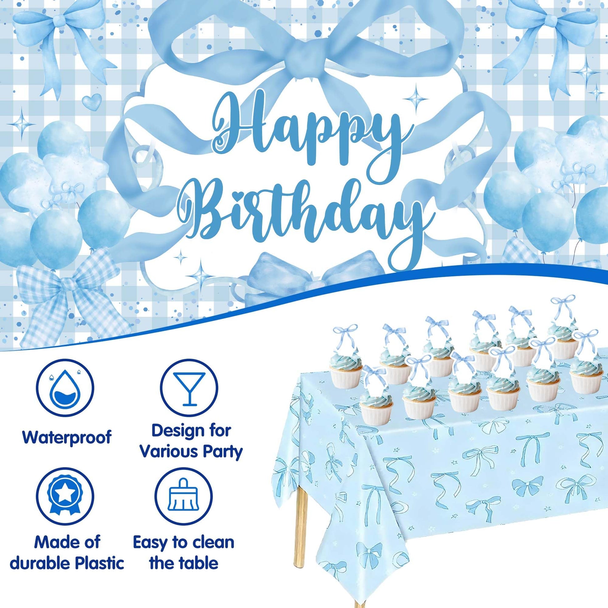 Blue Bow Birthday Decorations for Girls, Coquette Party Supplies with
