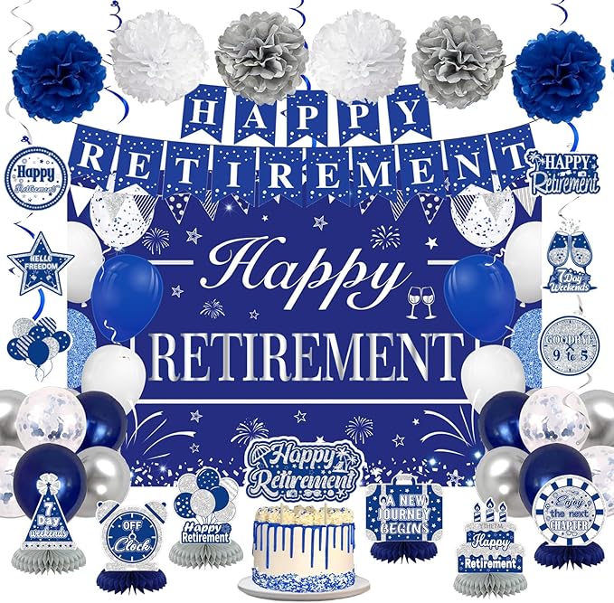Retirement Party Decorations for Men Women Blue Silver Happy