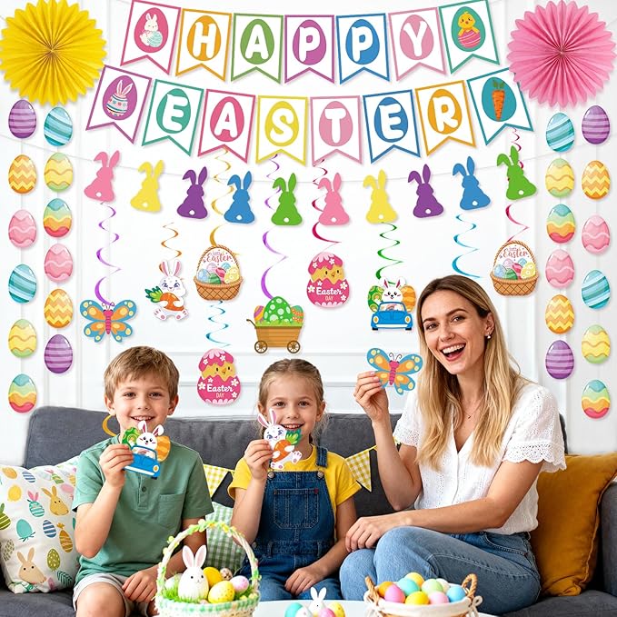 55 Pcs Easter Decorations Happy Easter Banner Hanging Decorations