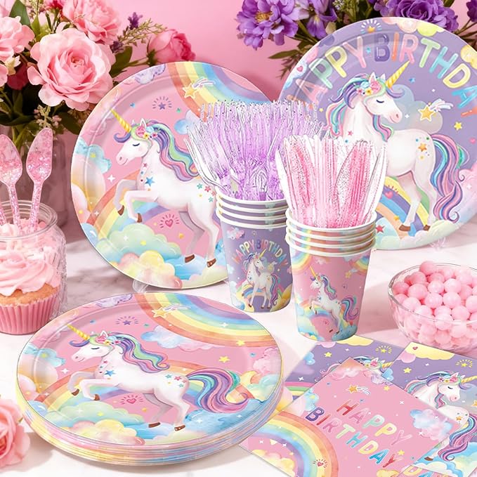 Unicorn Birthday Decorations Plates Napkins Cups Cutlery Hanging