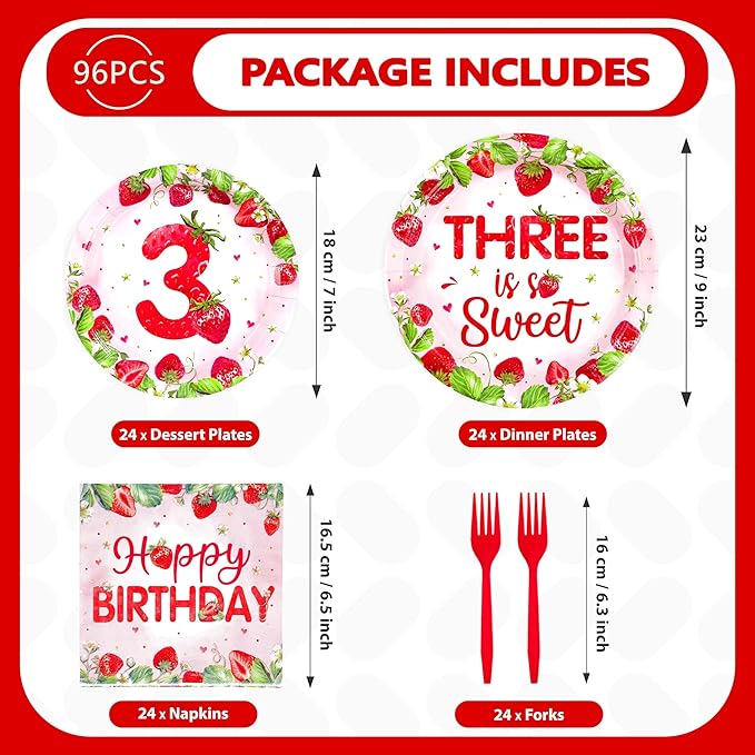 96Pcs Strawberry 3rd Birthday Party Supplies Three is So Sweet